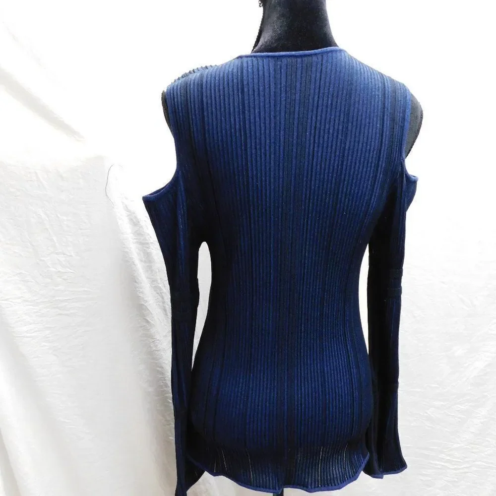 Club Monaco M Blue & Black Ribbed Striped Cold Shoulder Blouse NEW - Picture 6 of 6